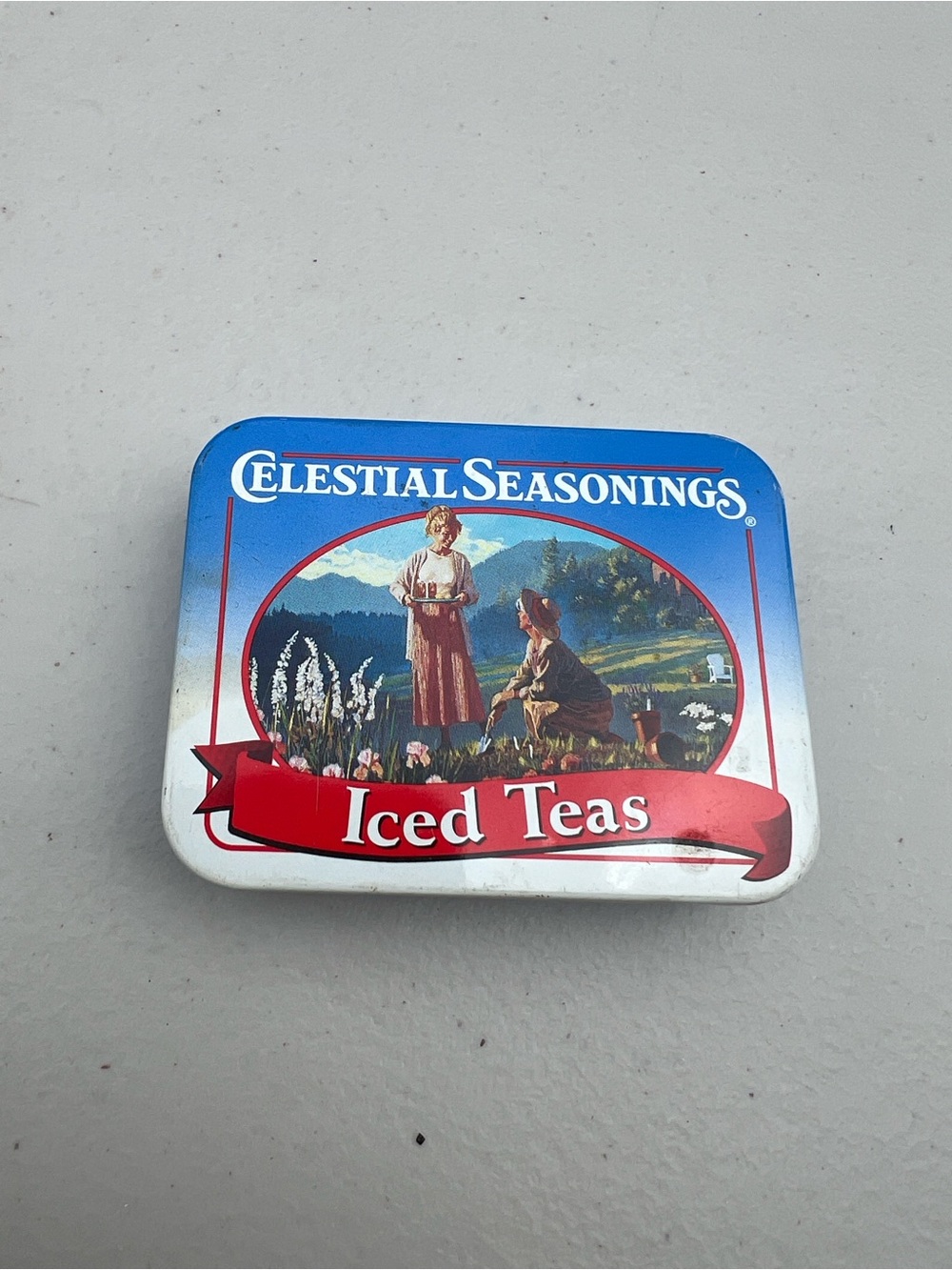 Vintage Celestial Seasonings Iced Teas Tin 3 x 2" Portrait Mountains Blue